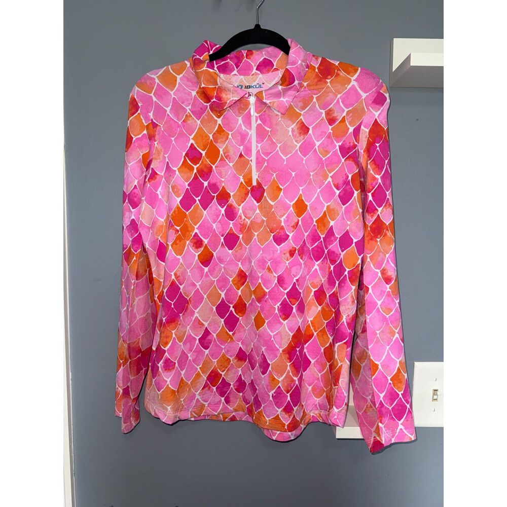 Ibkül Ariel Pink Mermaid Scales Long Sleeve Shirt W/Mesh Panel | Size Medium